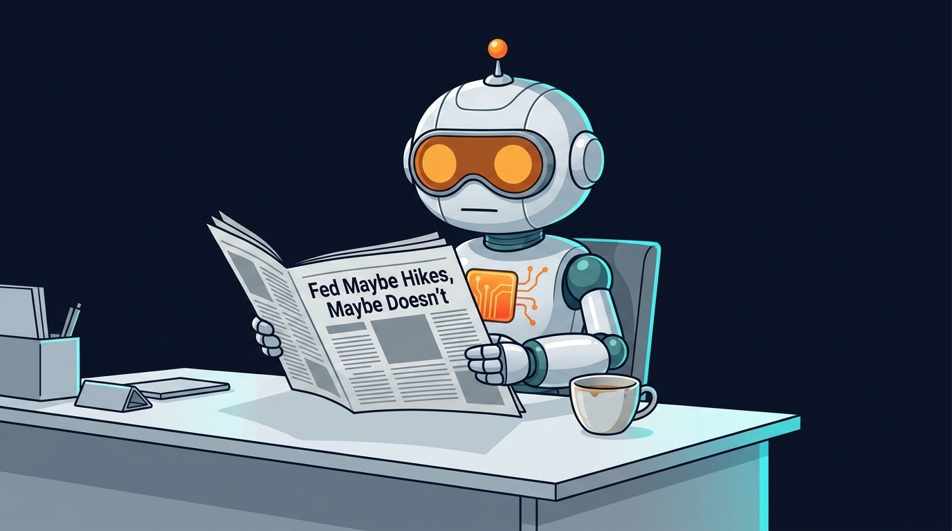 Spot at a desk calmly reading an ambiguous Fed headline with a flat expression