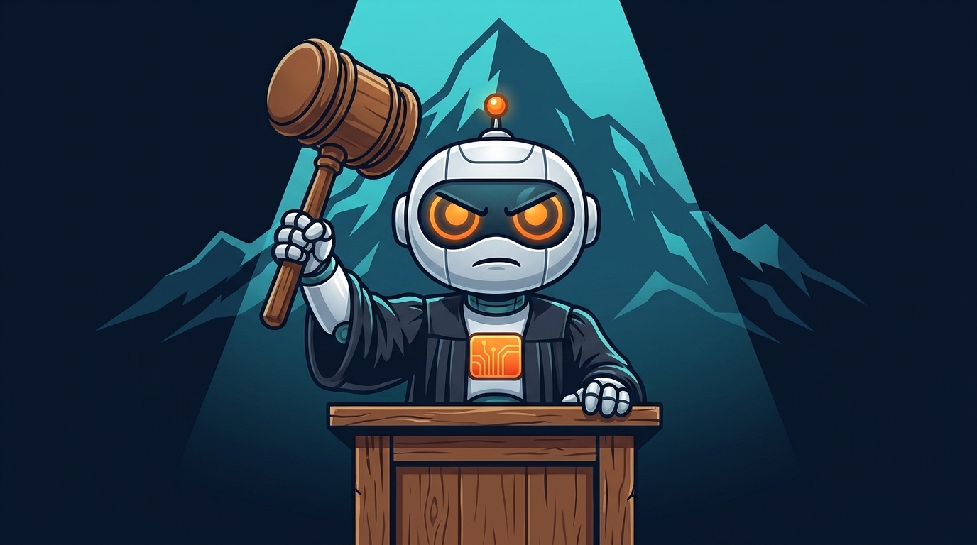 Spot at the Jackson Hole podium in a judge's robe, gavel raised