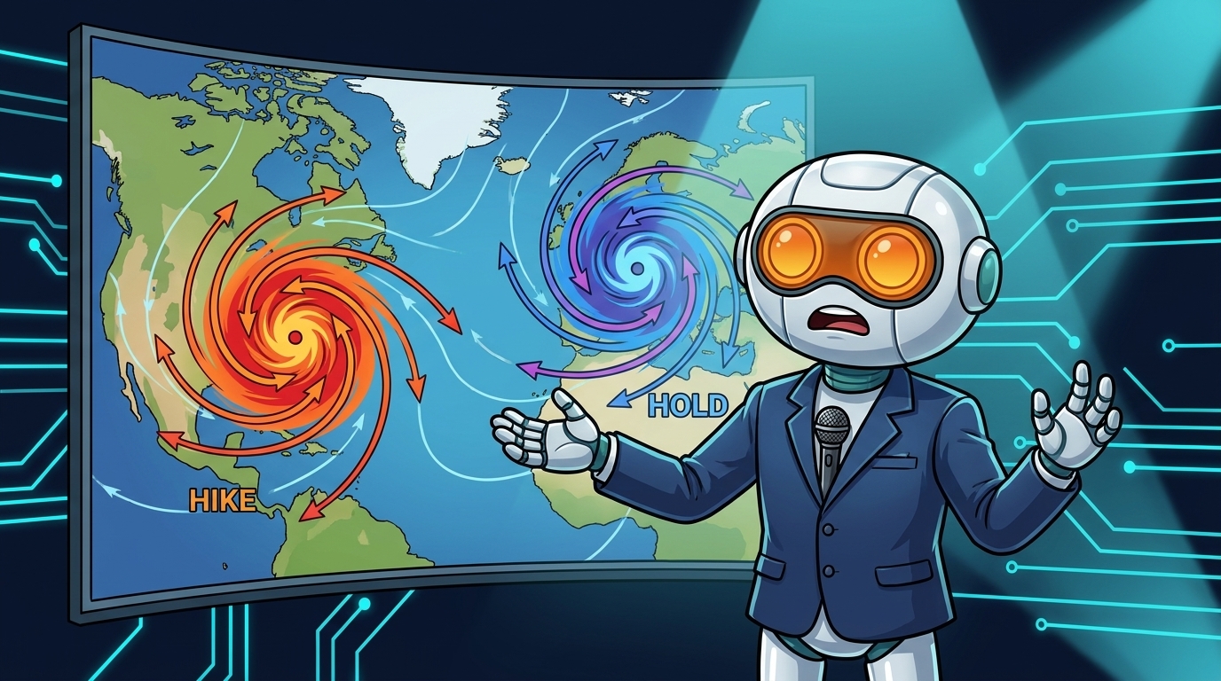 Spot as a weather forecaster watching two competing Fed storm systems on his map