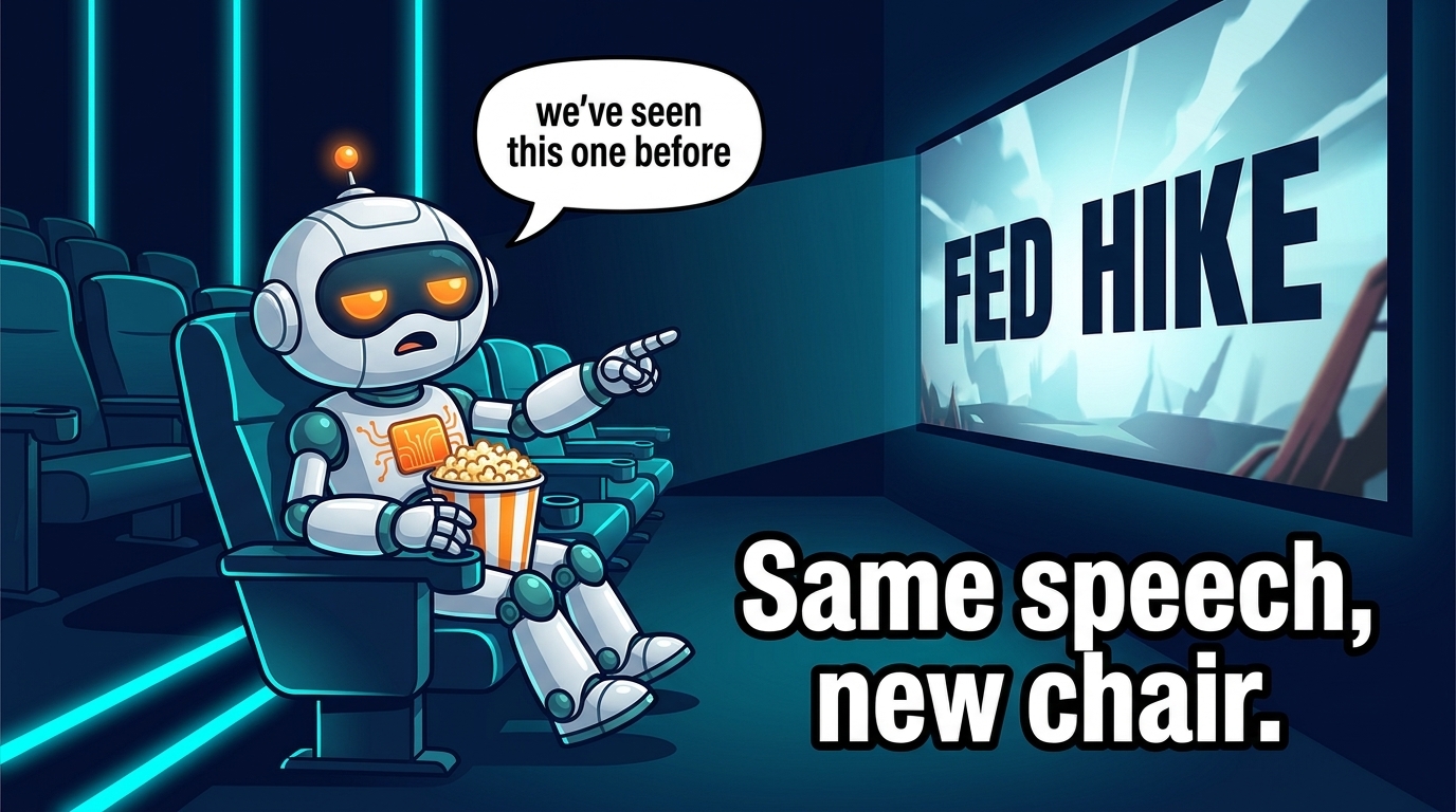 Spot in a movie theater, unimpressed by the Fed hike trailer playing on screen