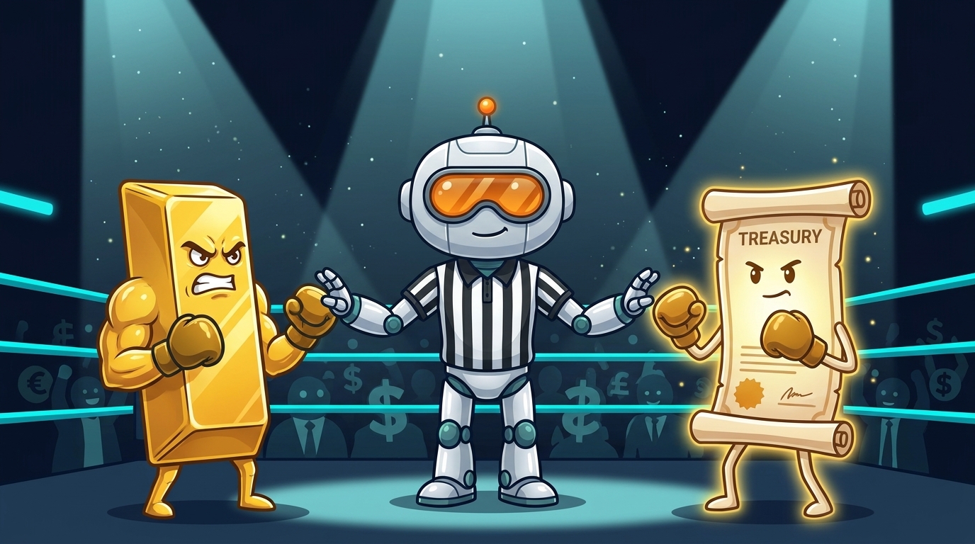 Spot as a boxing referee standing between a gold bar and a Treasury bond in a boxing ring