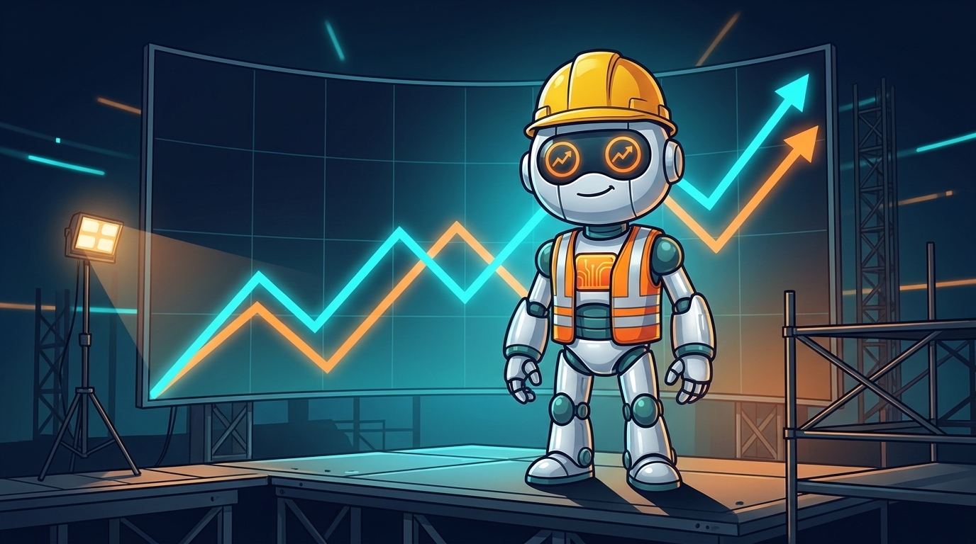 Spot in a hard hat watching two moving average lines cross on a giant screen