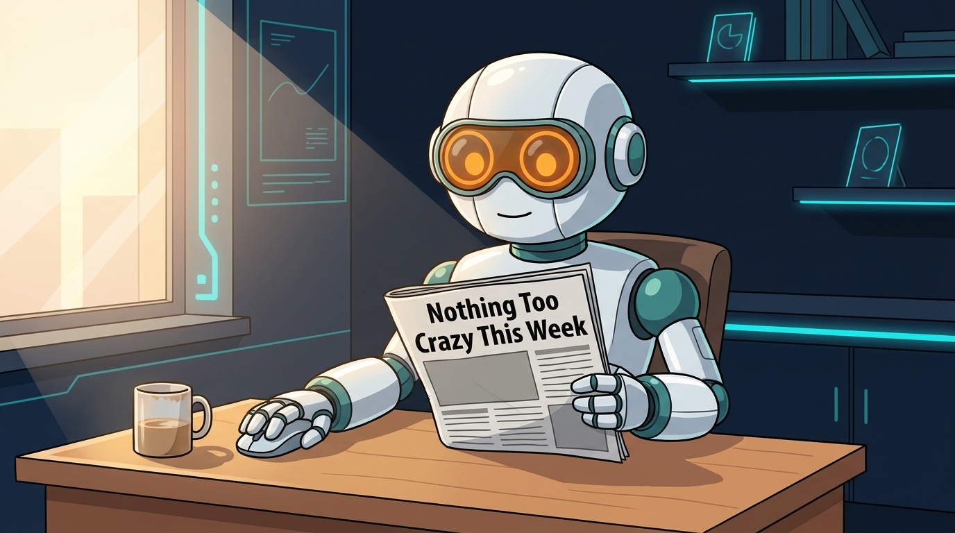 Spot calmly reading a newspaper at a tidy desk, mood neutral