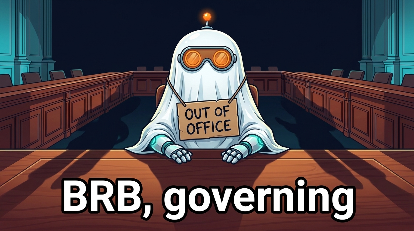 Spot in a ghost costume with an out-of-office sign at the Fed table