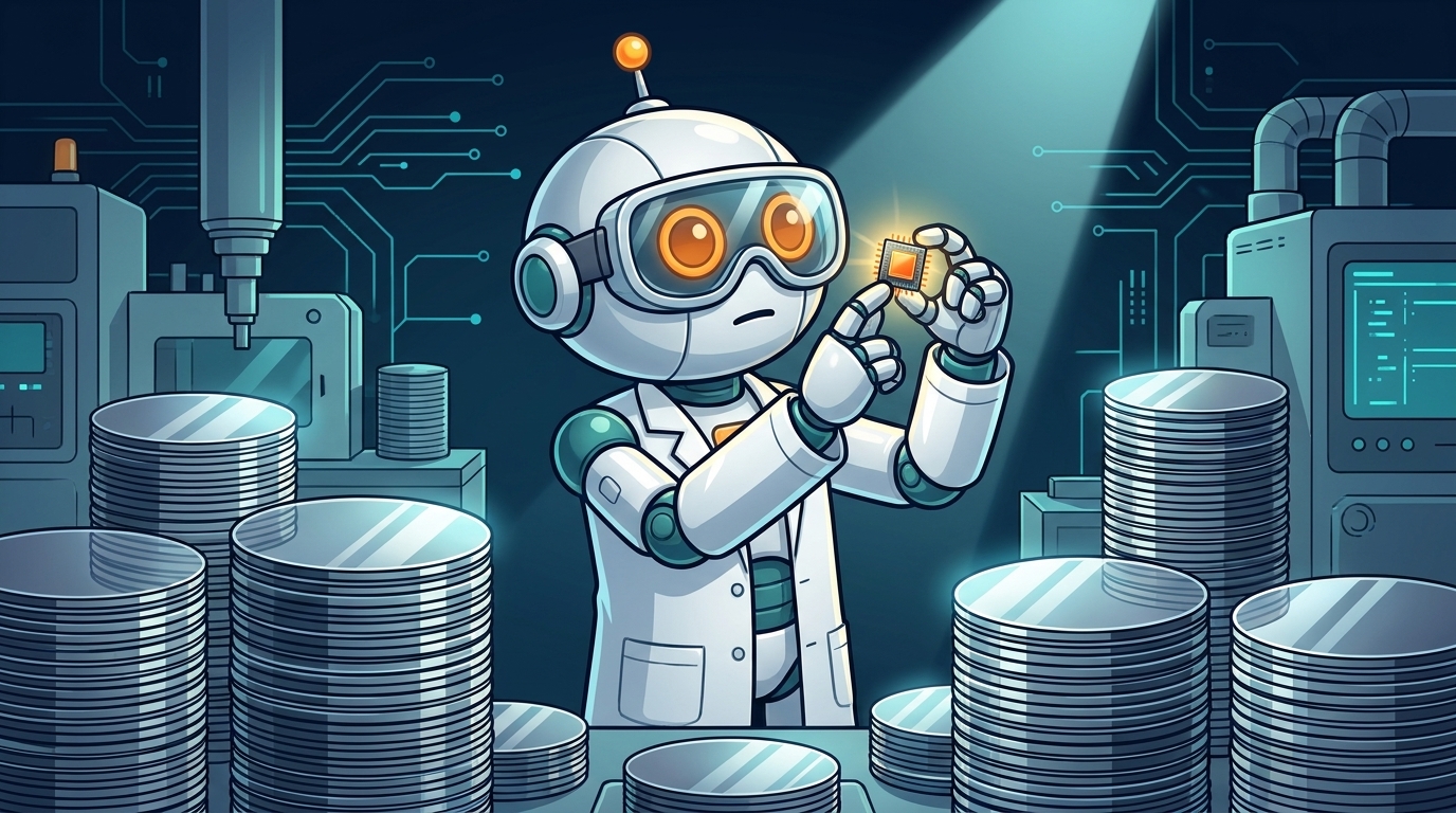 Spot in a lab coat examining a glowing memory chip