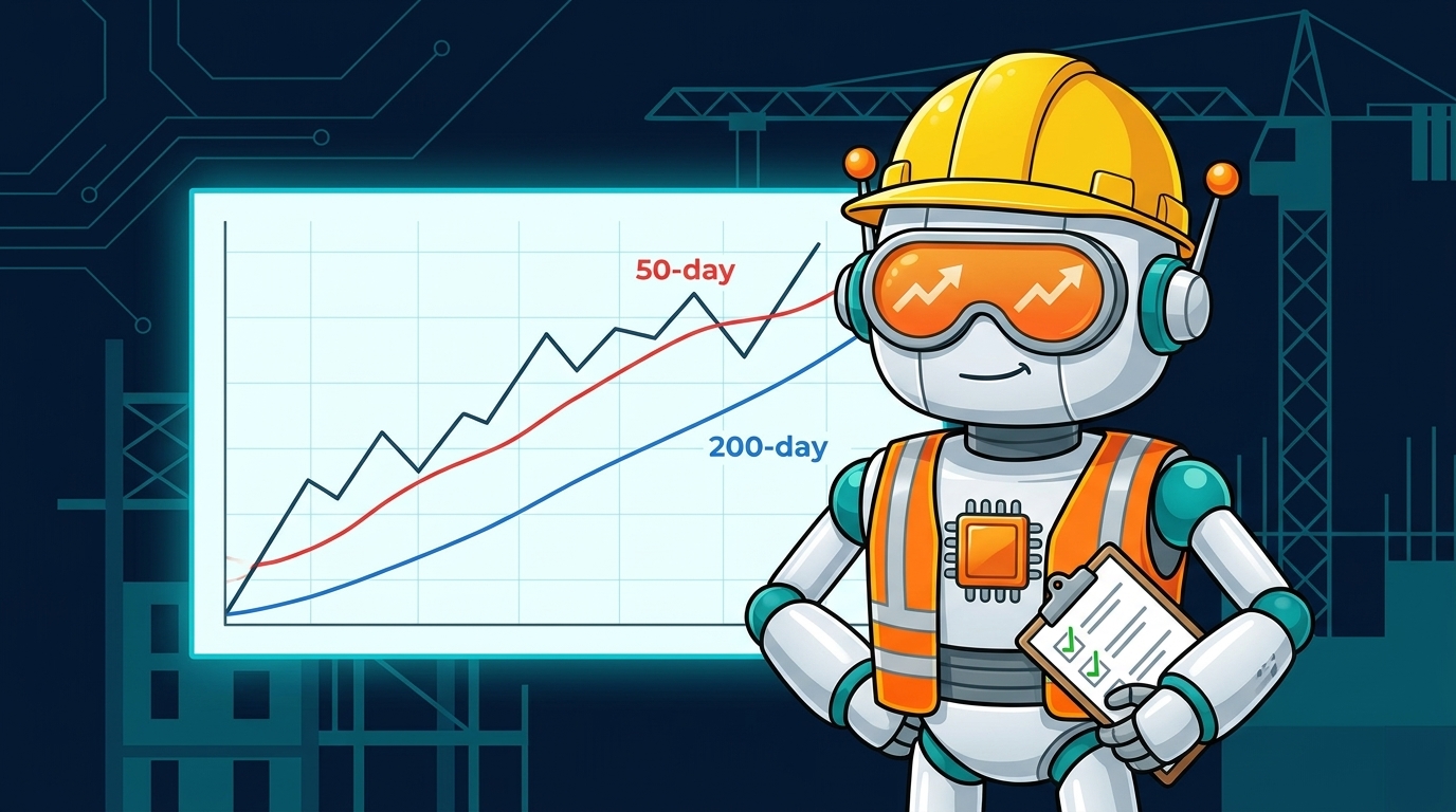 Spot in a construction hard hat reviewing the TLT 50/200 moving average crossover chart on a clipboard
