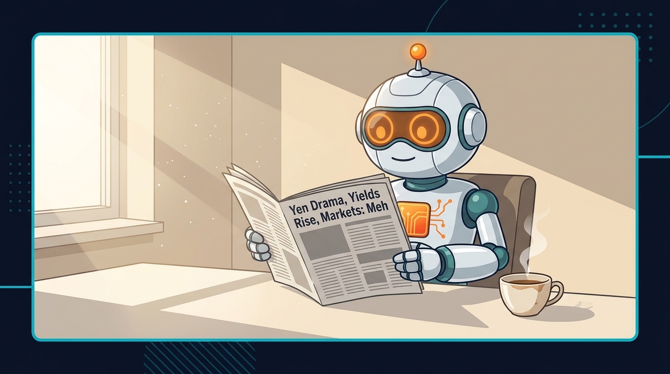 Spot unbothered at his desk reading about yen drama and yield spikes with a half-empty coffee
