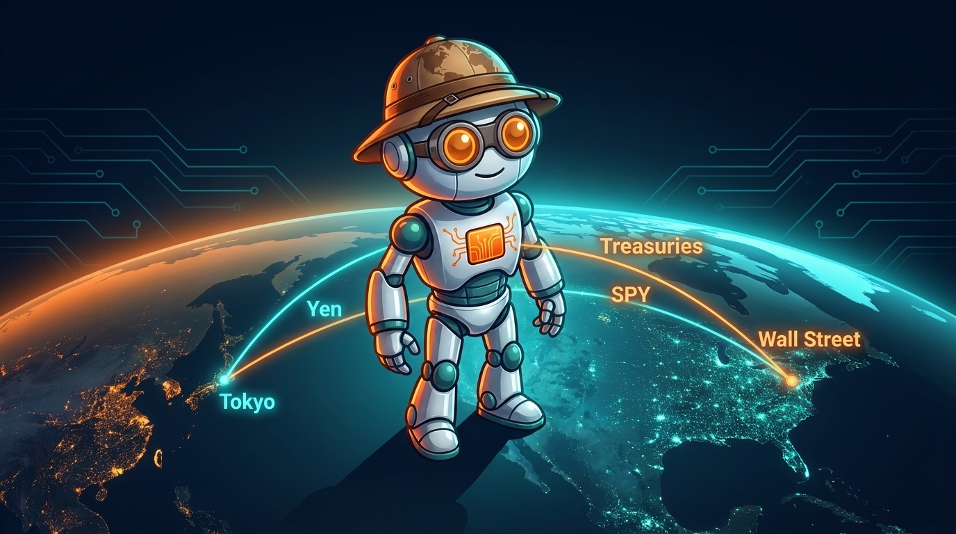 Spot tracing the global chain from Tokyo yen moves to U.S. equity prices on a lit-up world map
