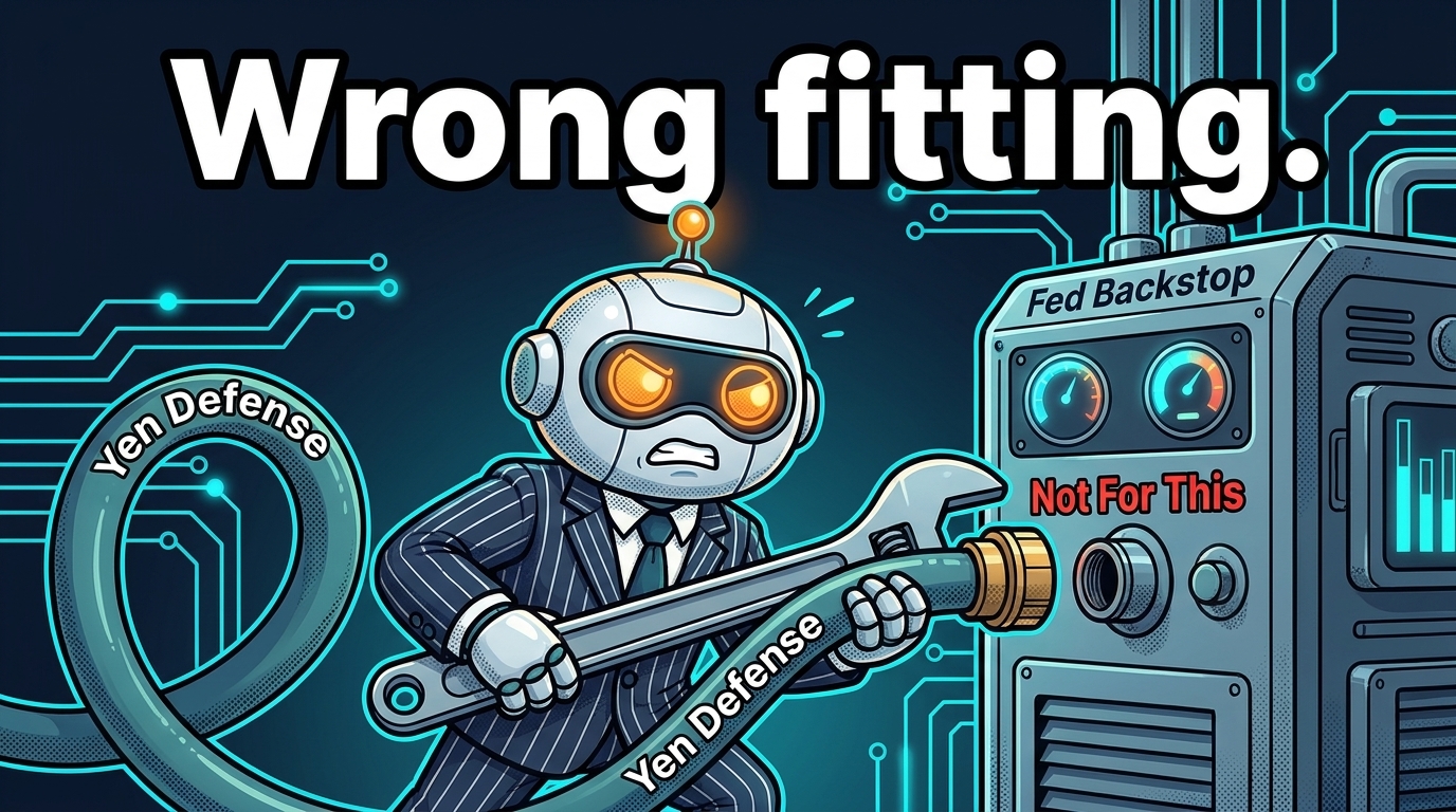 Spot in a Treasury suit trying to connect a yen-defense hose to the wrong Fed fitting