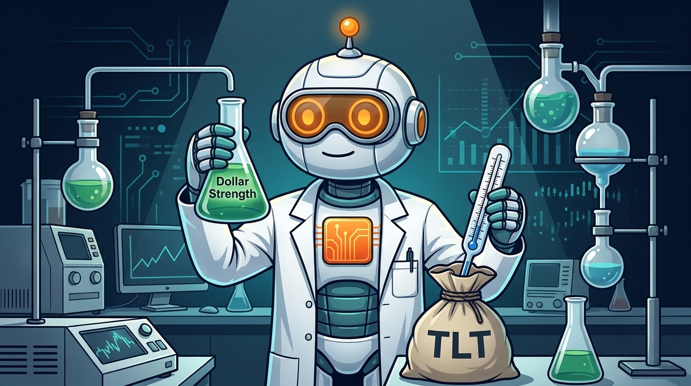 Spot in a lab coat measuring the inverse relationship between dollar strength and TLT temperature