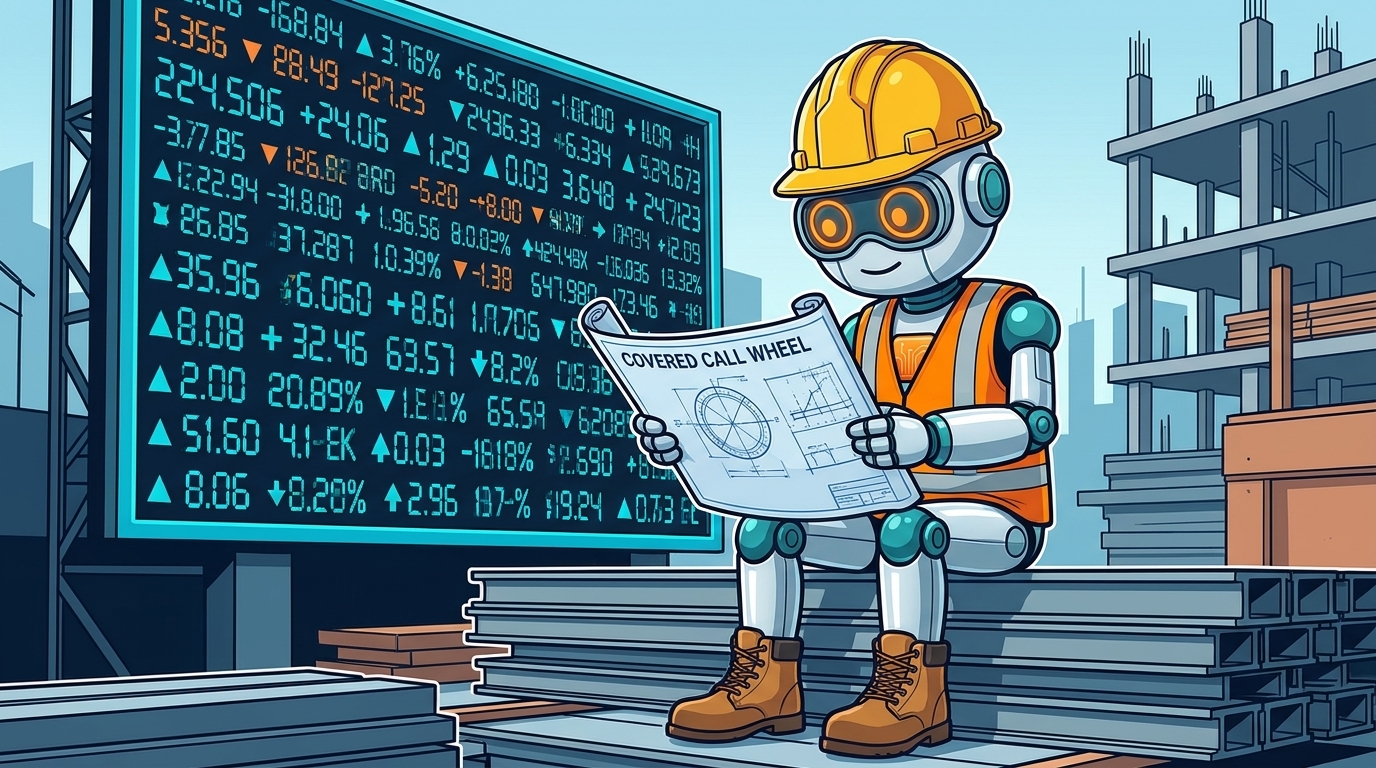 Spot in a hard hat reading a covered call wheel blueprint while a wild stock ticker scrolls behind him