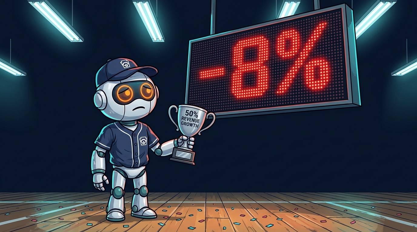 Spot in a coach outfit holding a growth trophy next to a giant red 8% loss scoreboard