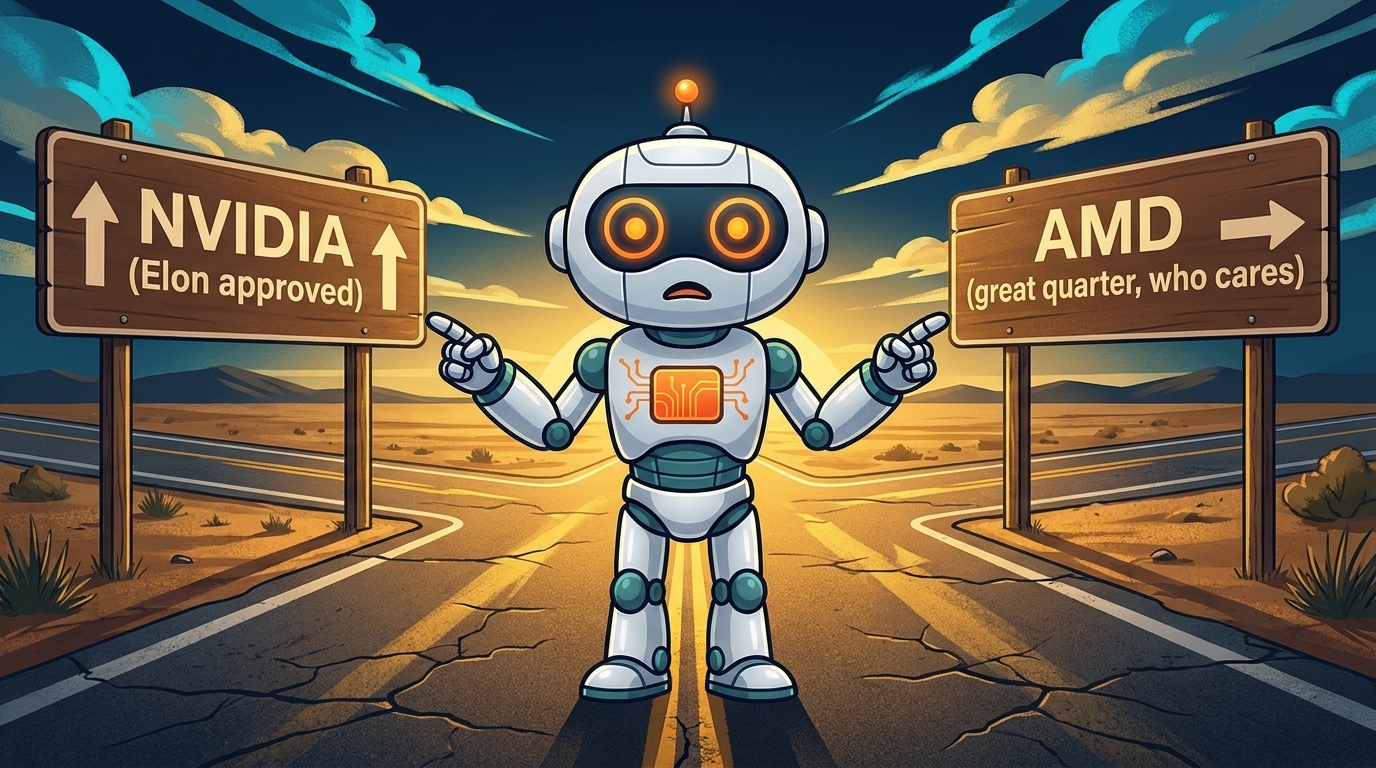 Spot at a crossroads between Nvidia and AMD signs, shrugging at the camera