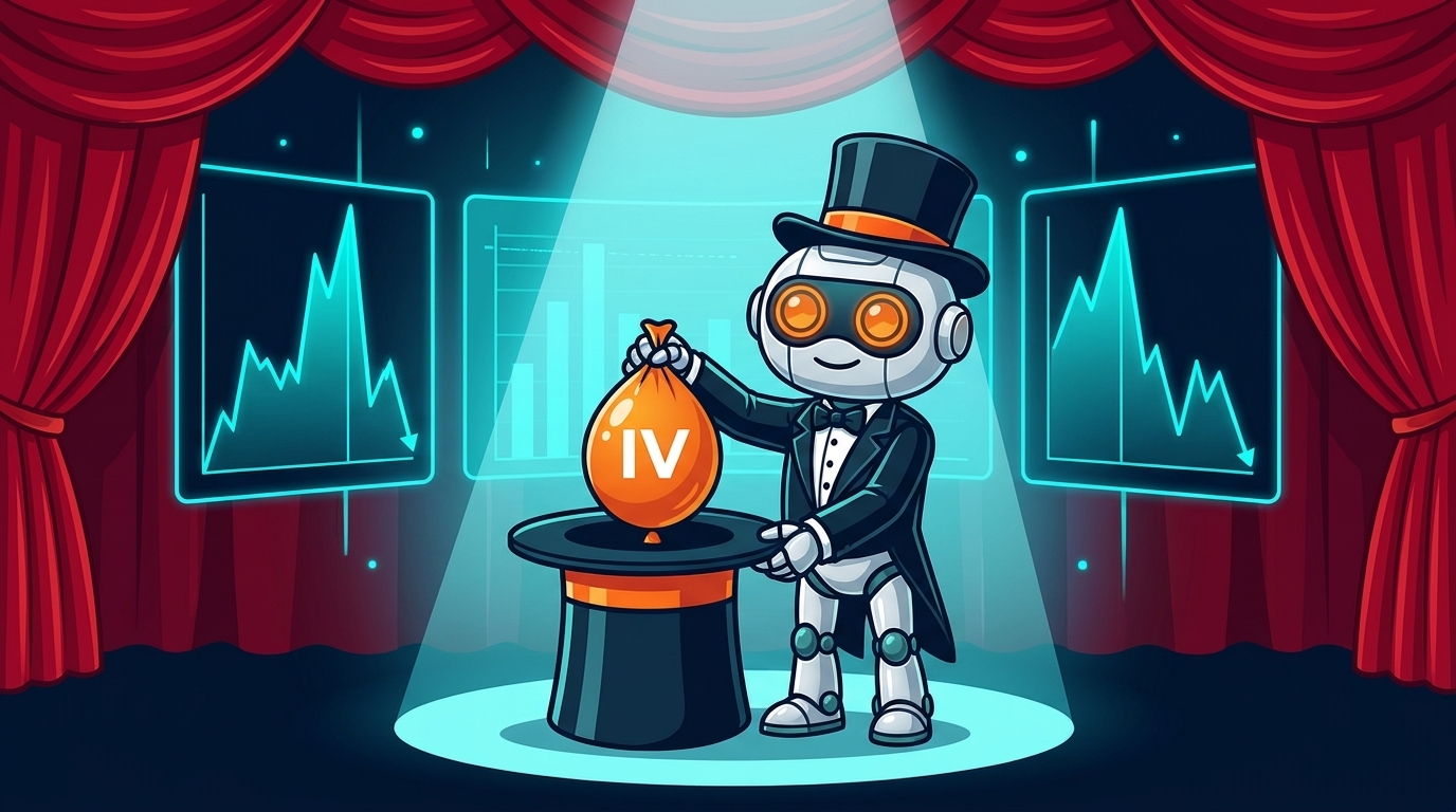 Spot as a magician pulling a deflating implied volatility balloon from a hat after earnings
