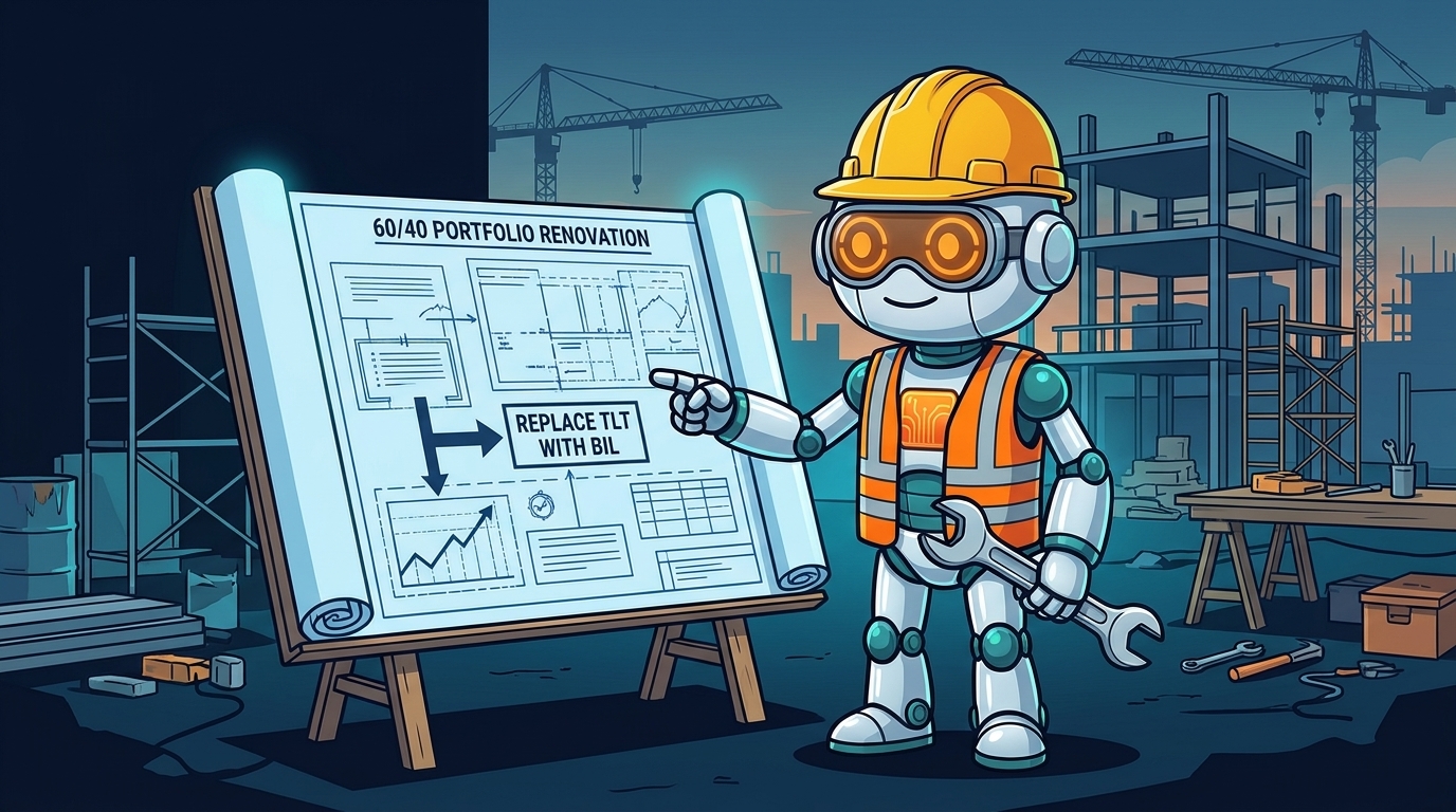 Spot in a hard hat reviewing a 60/40 portfolio renovation blueprint