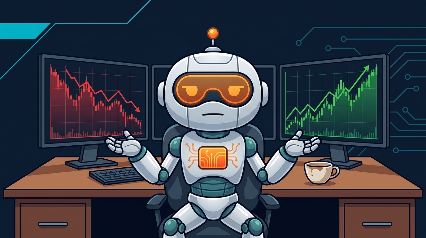 Spot shrugging at two mixed monitors with a half-empty coffee cup
