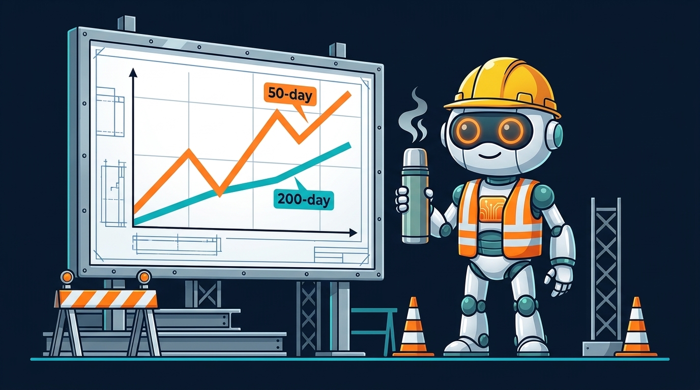 Spot in a hard hat next to a moving average crossover chart