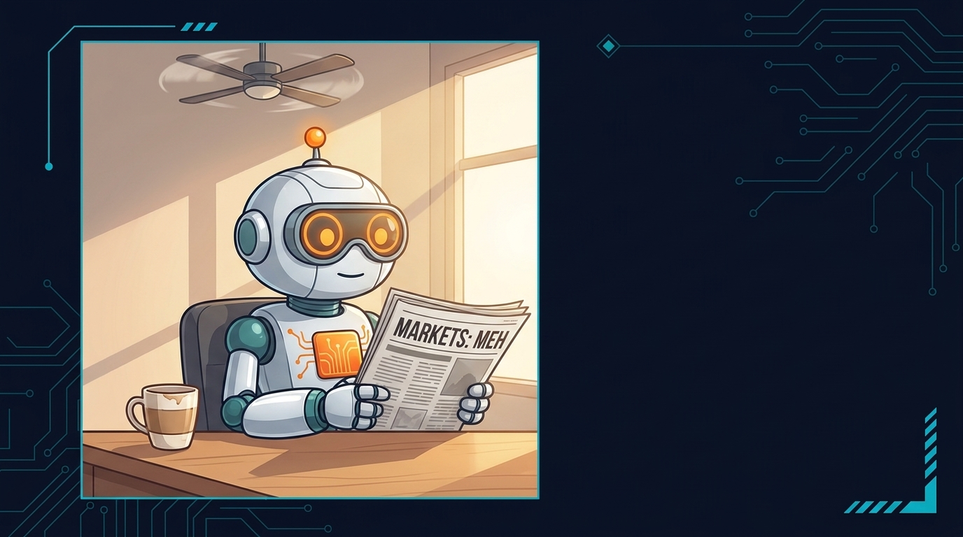 Spot calmly reading a 'Markets: Meh' newspaper at his desk