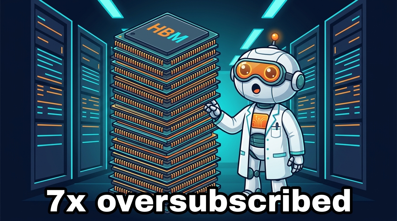 Spot staring up at a tower of HBM memory chips in shock