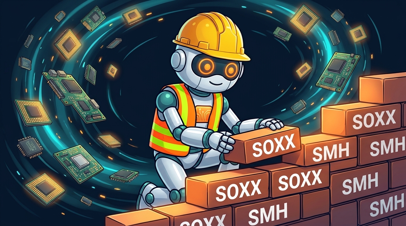 Spot in a hard hat calmly building a chip ETF wall while volatility rages around him