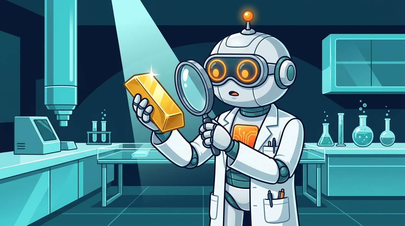 Spot in a lab coat examining a gold bar under a magnifying glass