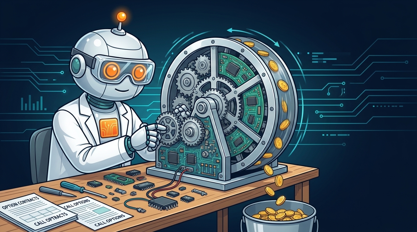 Spot in a lab coat assembling a covered call wheel machine that produces coin income