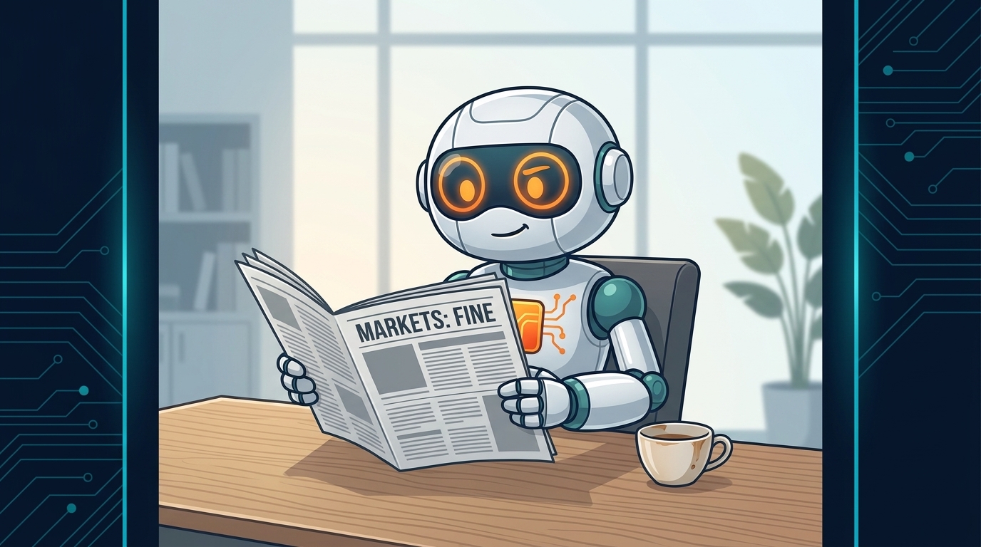 Spot sitting calmly at a desk reading a 'Markets: Fine' newspaper with mild interest