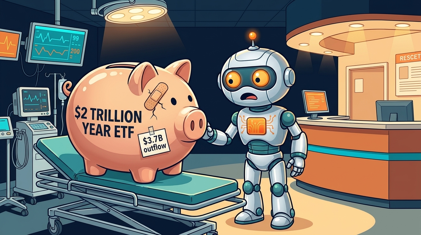 Spot at an ER desk treating a giant ETF piggy bank with a tiny bandage