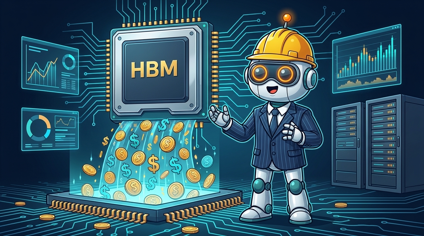 Spot in a pinstripe suit and hard hat next to a money-generating memory chip