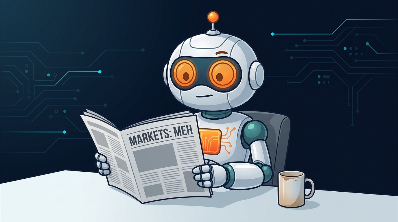 Spot calmly reading a 'Markets: Meh' newspaper with a half-empty coffee cup