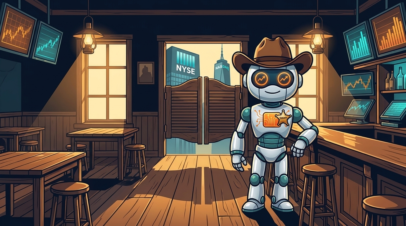 Spot in a cowboy hat as sheriff of the new Texas Stock Exchange saloon