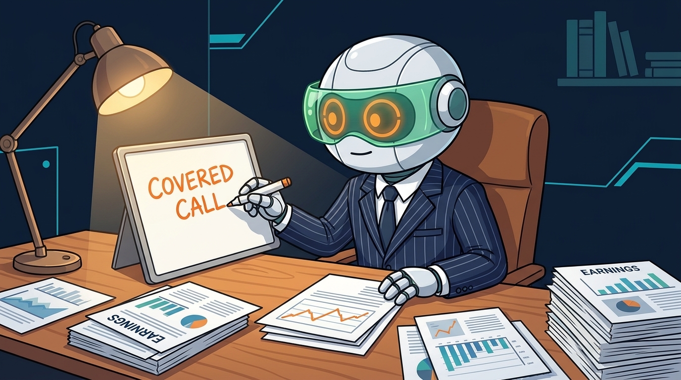 Spot in a banker's suit calmly writing 'covered call' on a whiteboard surrounded by earnings reports
