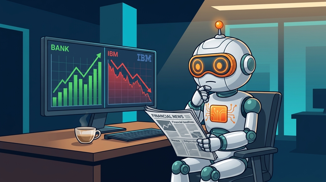 Spot calmly reading the news at his desk with a split screen of green bank charts and red IBM charts behind him