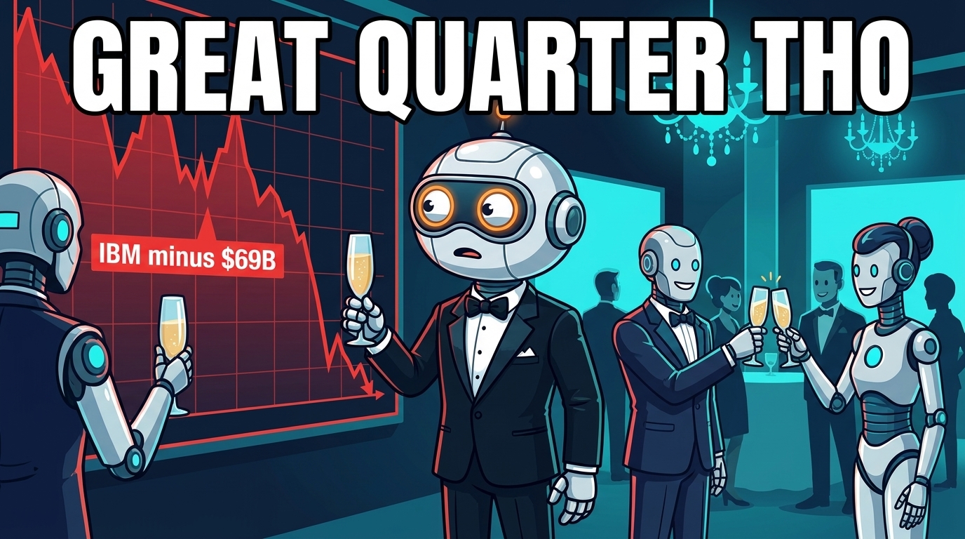 Spot at a bank gala nervously eyeing IBM's catastrophic chart on the wall
