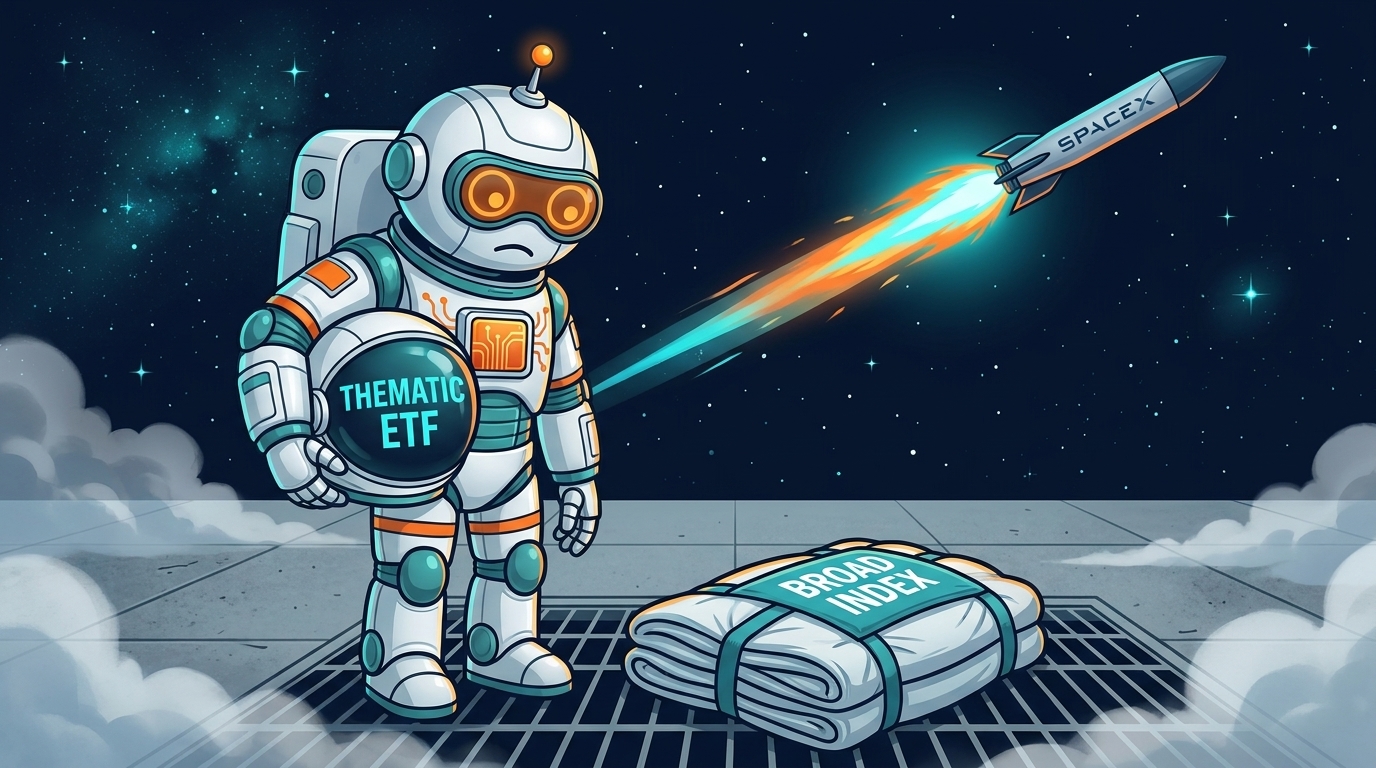 Spot as an astronaut watching a SpaceX rocket leave without them, holding a broad index parachute