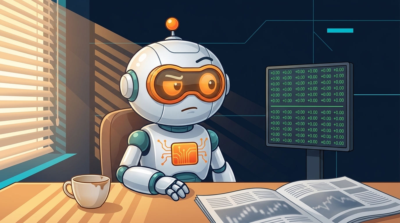 Spot at his desk looking mildly skeptical at a flat market ticker