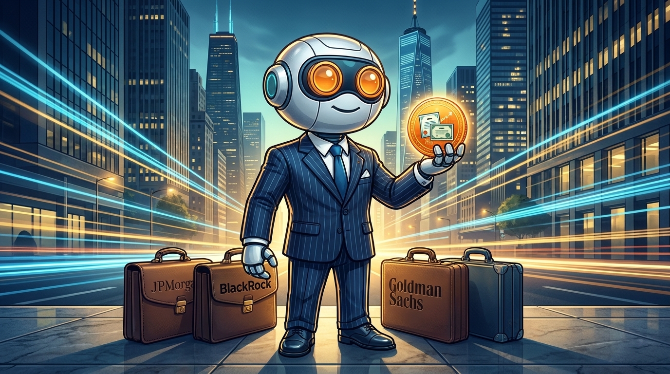 Spot in a pinstripe suit holding a glowing tokenized stock in a Wall Street setting