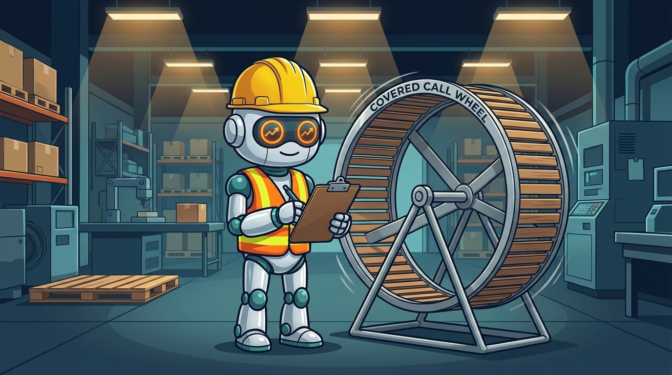 Spot in a hard hat next to a covered call wheel, looking pleasantly unbothered