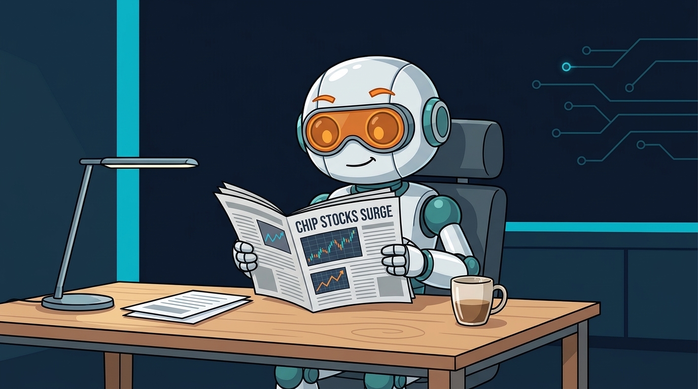 Spot calmly reading chip-stock news at his desk, totally unbothered