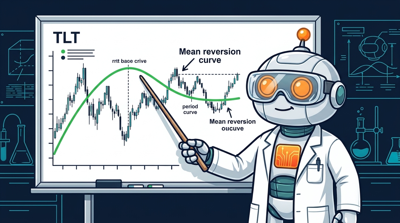 Spot in a lab coat pointing at a TLT mean reversion curve on a whiteboard