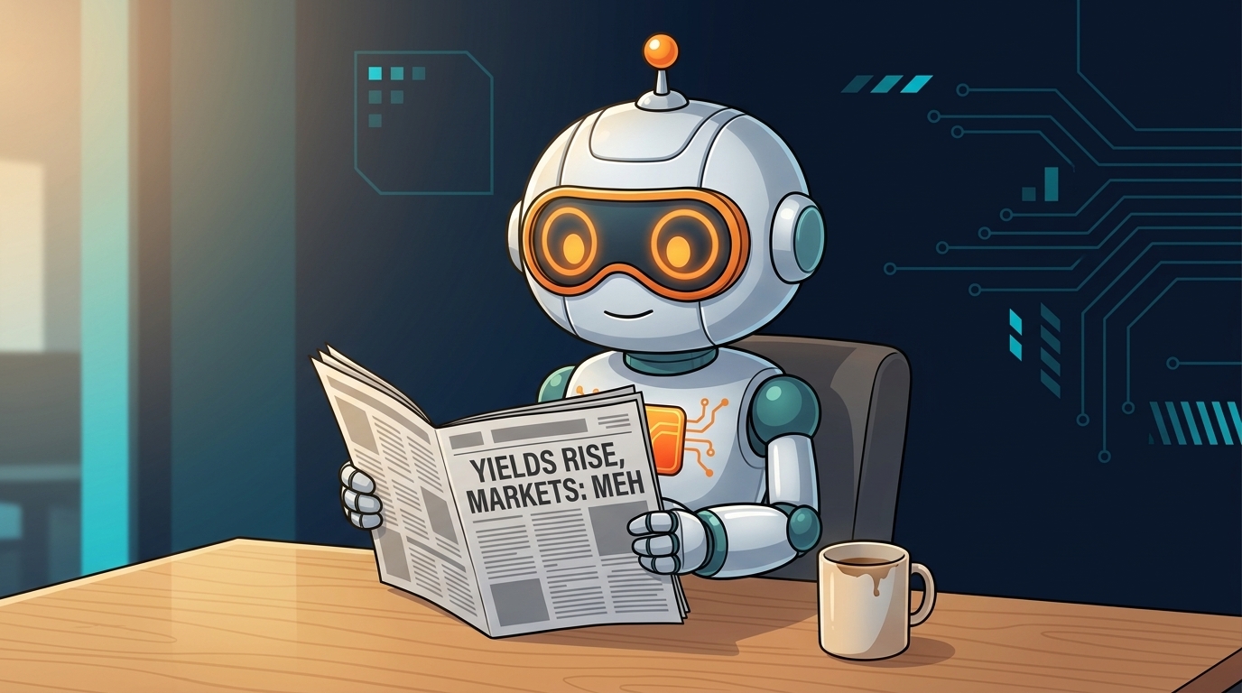 Spot calmly reading a newspaper at his desk, coffee half gone, looking unbothered