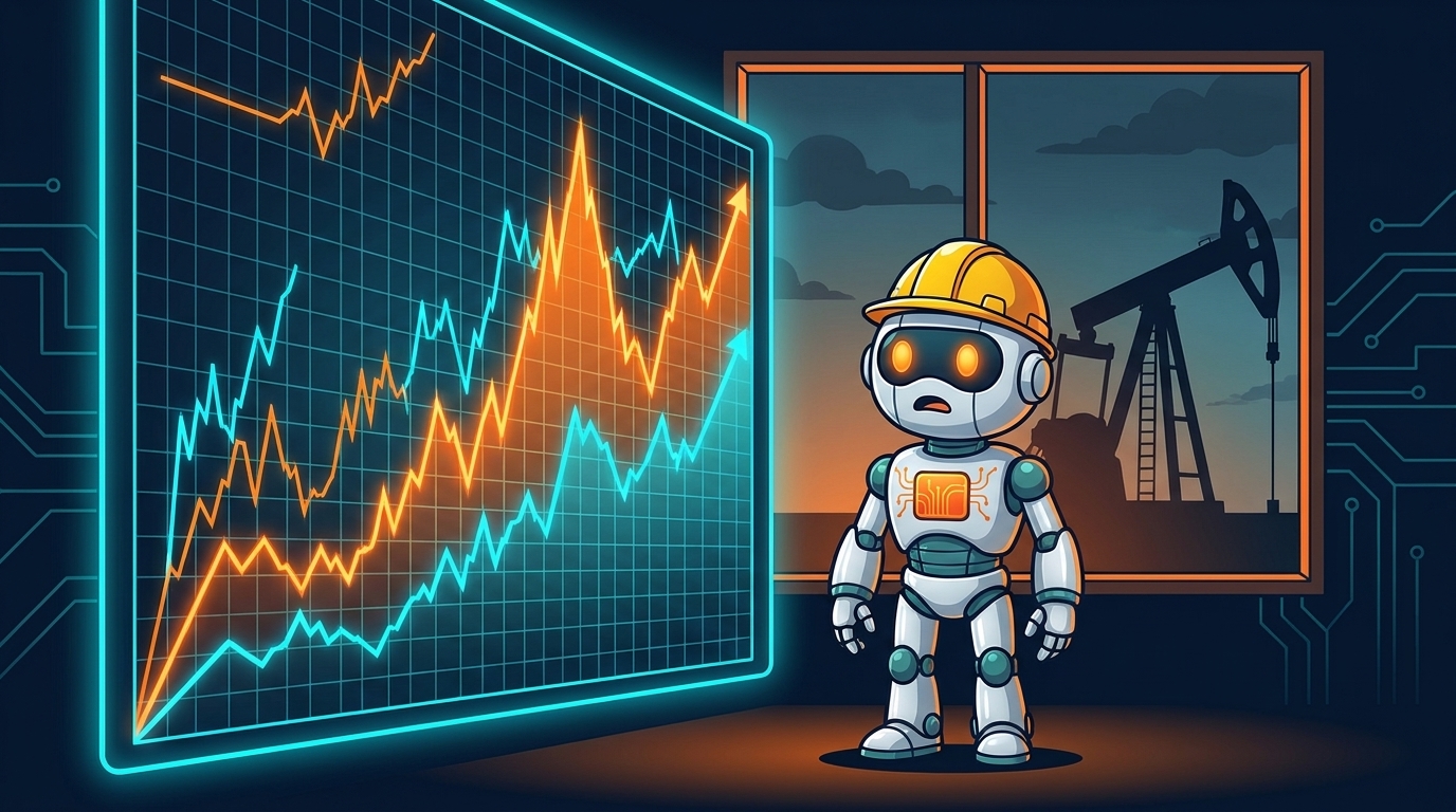 Spot at a yield chart wall looking alarmed as oil derricks burn in the background
