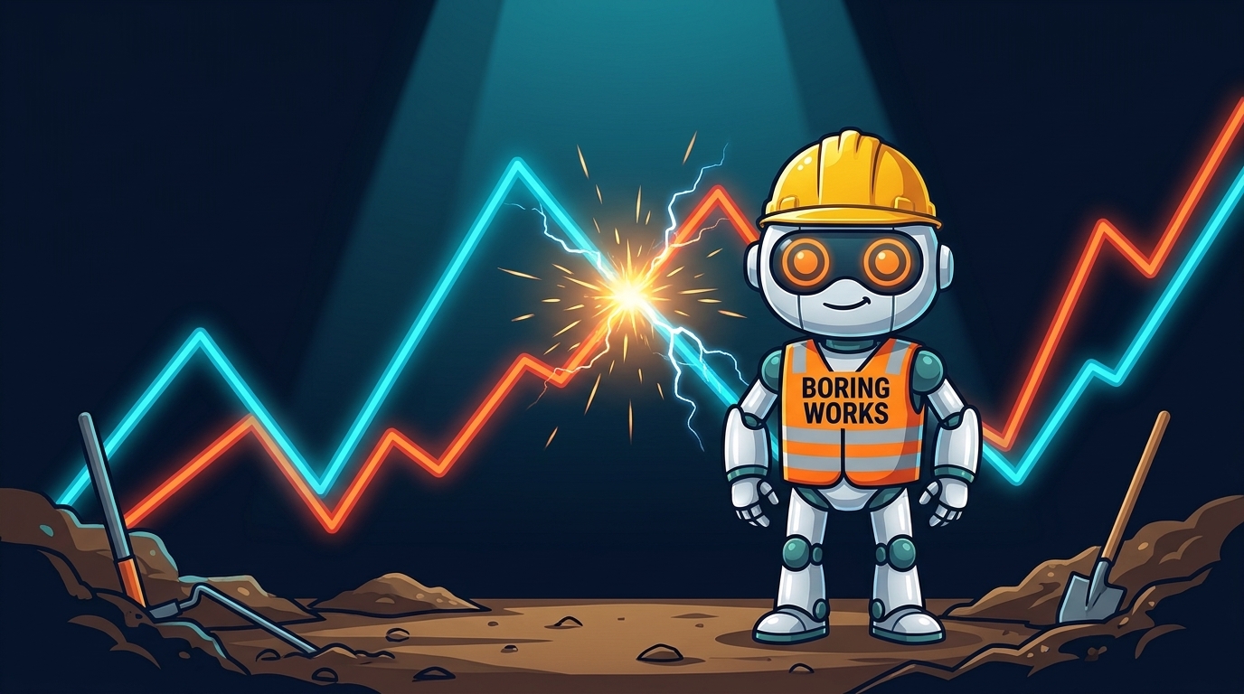 Spot in a hard hat and safety vest standing in front of a chart showing two moving average lines crossing