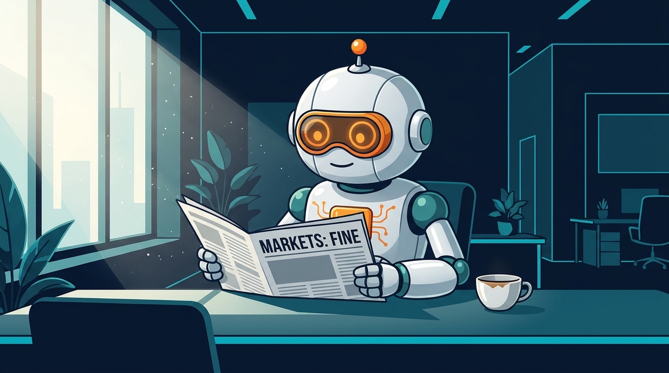 Spot calmly reading a newspaper labeled 'Markets: Fine' at a tidy desk with a coffee cup