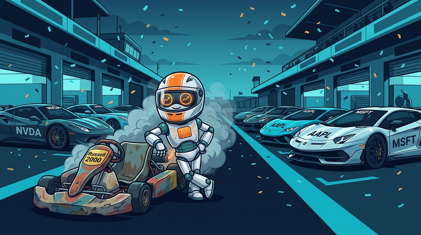 Spot in a racing helmet next to a tiny go-kart beating luxury race cars labeled with Mag 7 names