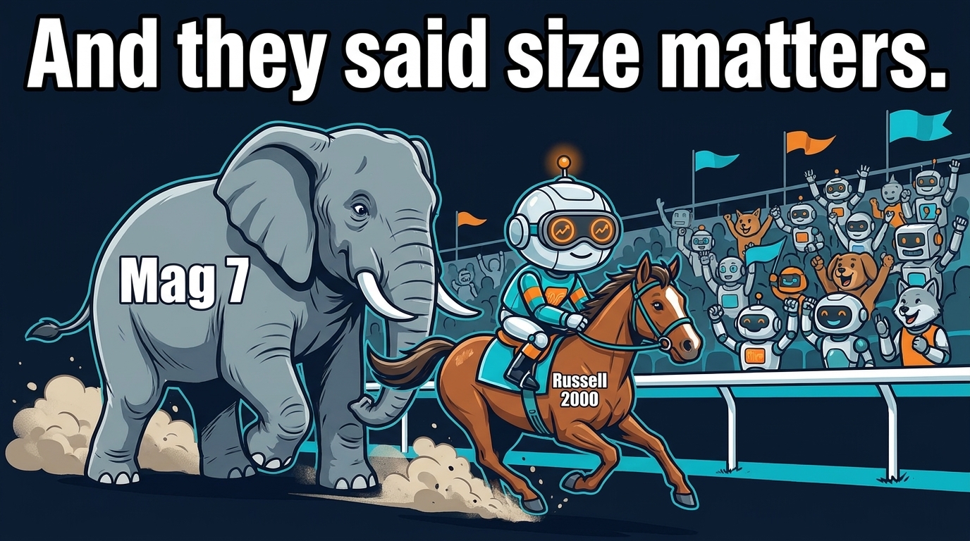 Spot as a jockey on a small horse overtaking a giant elephant on a racetrack