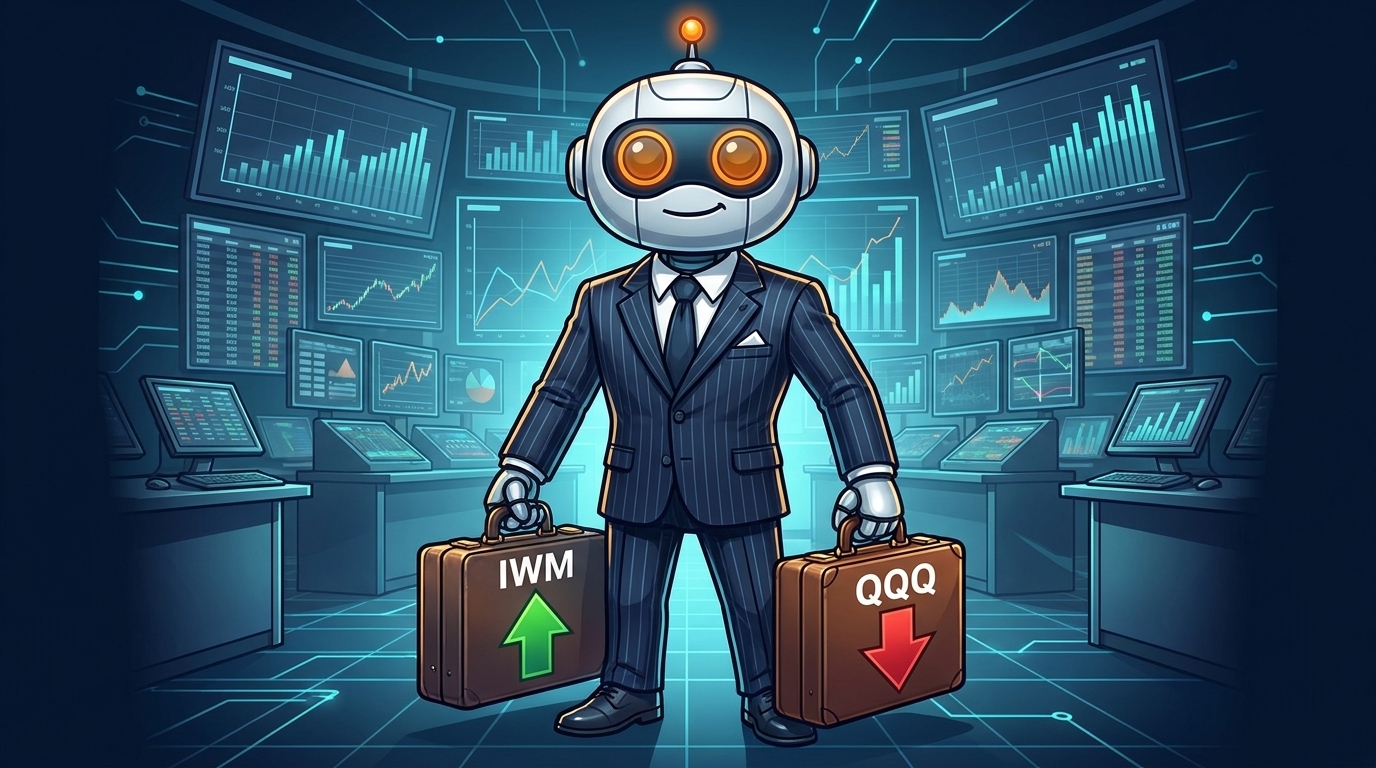 Spot in a pinstriped suit holding two briefcases labeled IWM and QQQ with opposing arrows