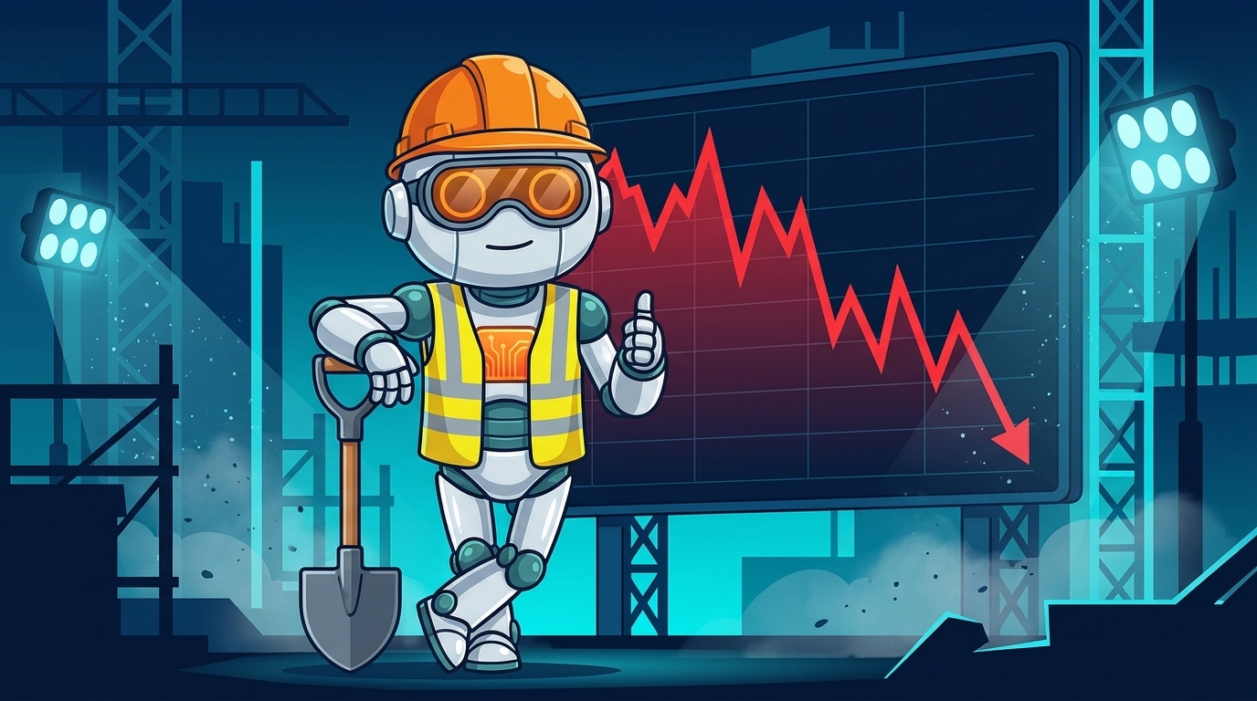 Spot in a hard hat and safety vest looking unbothered while a red chart crashes on a screen behind him