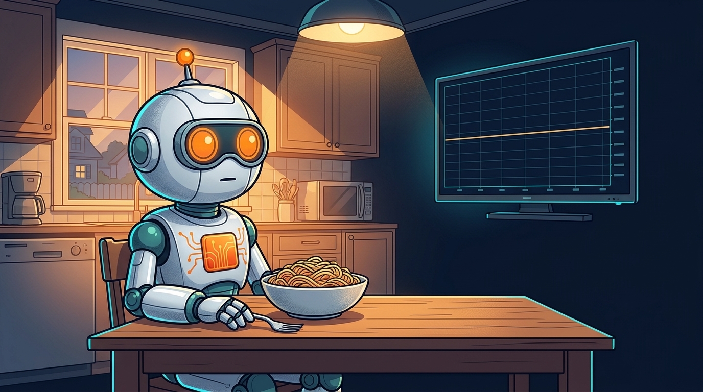 Spot at a kitchen table eating pasta and staring blankly at a flat stock chart on TV