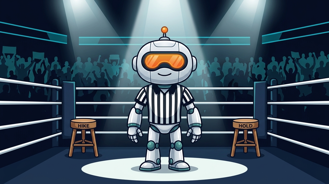 Spot in a referee shirt stands between two chairs labeled Hike and Hold inside a boxing ring